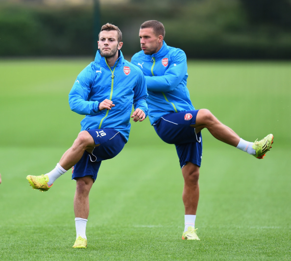 Jack Wilshere and Lukas Podolski in Arsenal training